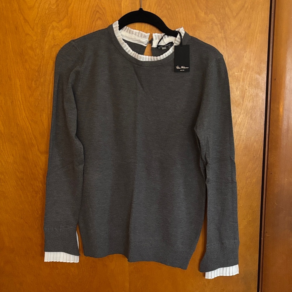 NWT Vila Milano Charcoal Gray Crewneck Sweater with White Ruffle Trim